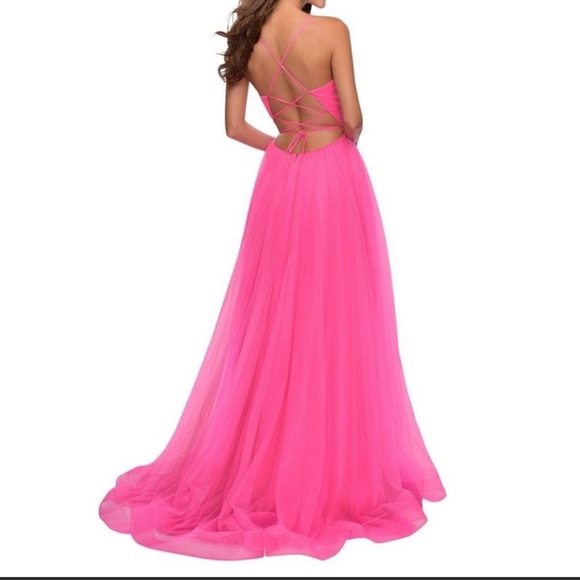LA FEMME Neon pink Light Tulle Gown dress size 2 NEW - Picture 2 of 10
